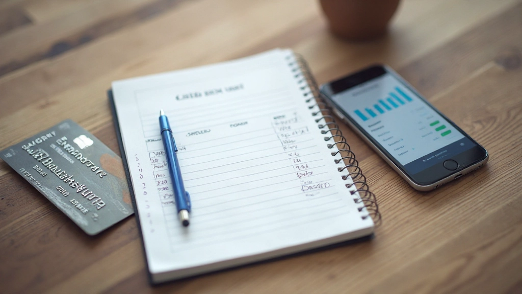 Снимок тетради с записями расходов рядом с кредитной картой и смартфоном