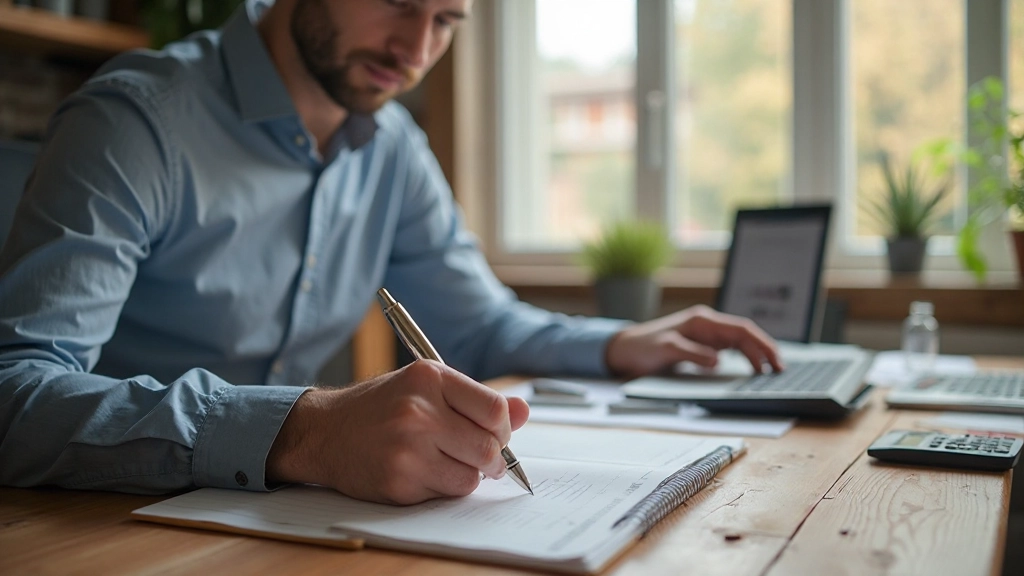 Мужчина казахской национальности в умной одежде ведёт учёт расходов в тетради, сидя за письменным столом в домашнем офисе с планировщиком и калькулятором