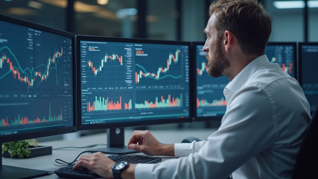Инвестор анализирует графики портфеля на нескольких экранах в офисе