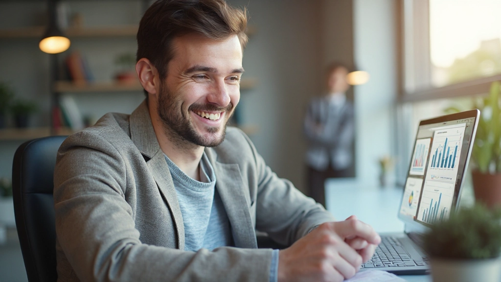 Счастливый человек с растущей диаграммой доходов на фоне светлого офиса