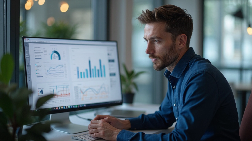 Аналитик просматривает диаграммы бюджета на экране компьютера