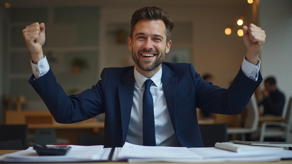 Успешный финансист празднует достижение инвестиционной цели в офисе