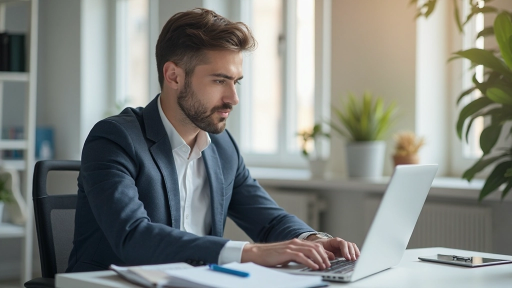 Предприниматель работает над бизнес-проектом в современном стартап-офисе